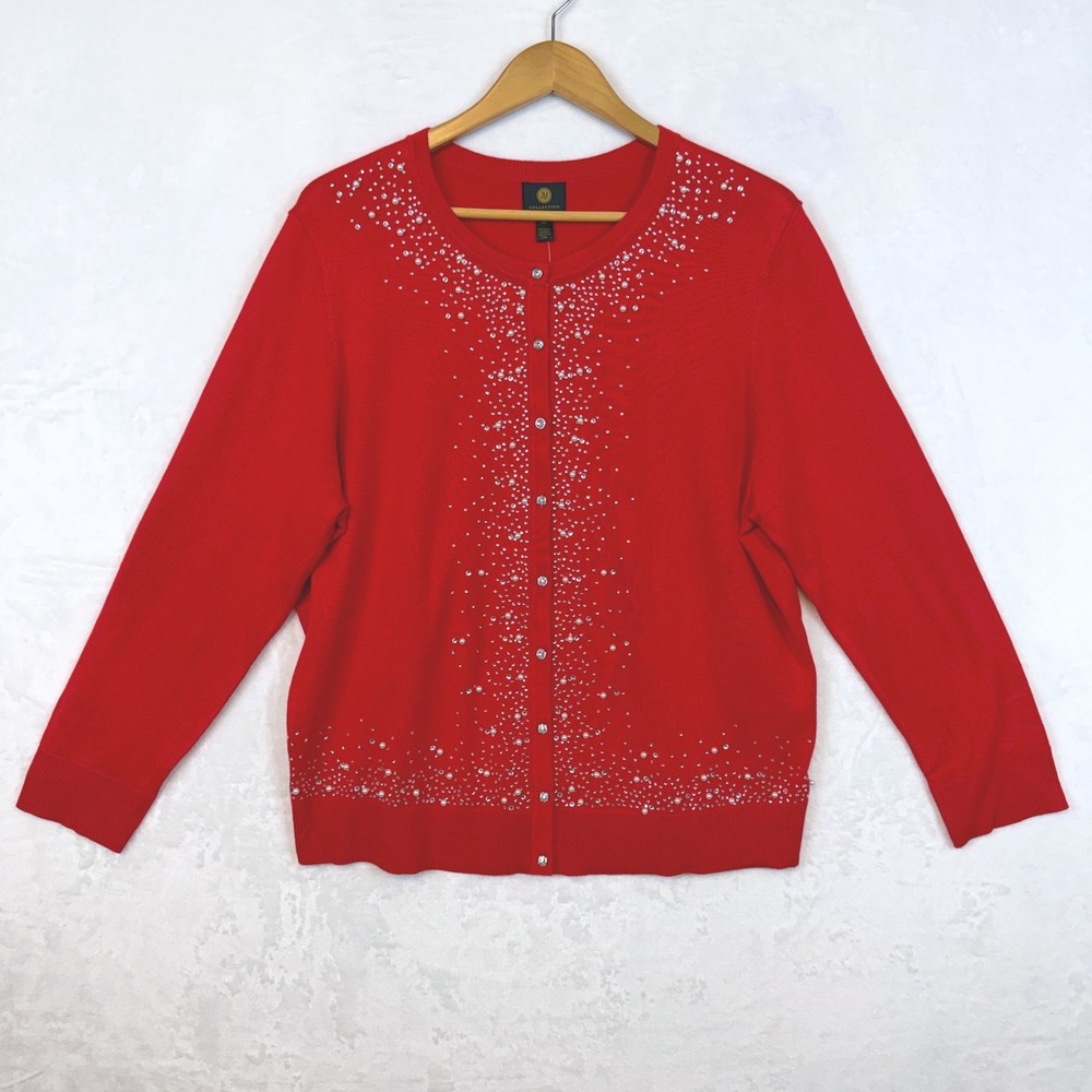 JM Collection Red Sparkle‎ Beaded Pearl Embellished Cardigan Sweater XXL